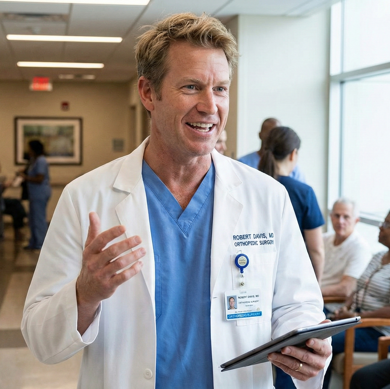 Doctor in a hospital setting holding a tablet, interacting with patients and staff.