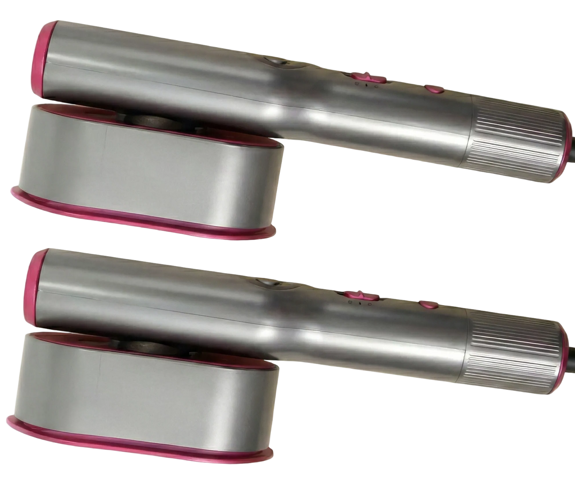 Two silver hair dryers with pink accents on a white background