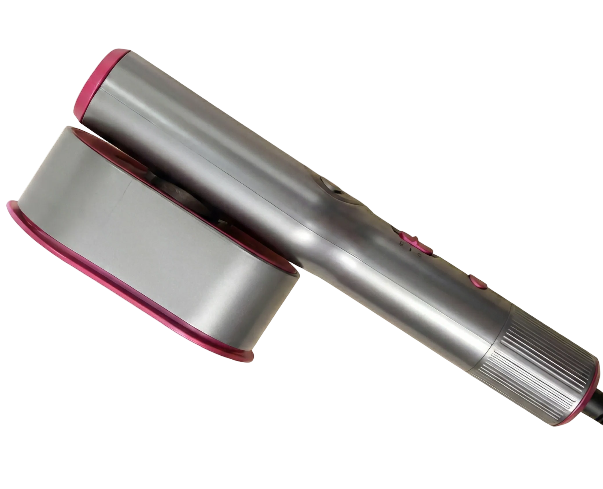 Silver and pink hair dryer on a white background