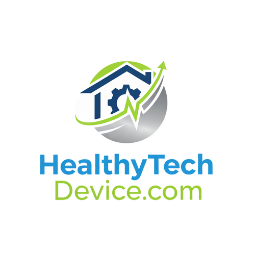 Logo for HealthyTech Device.com featuring a house, gear, and heart design on a white background.
