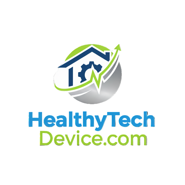 Logo for HealthyTech Device.com featuring a gear, house, and upward arrow on a white background.